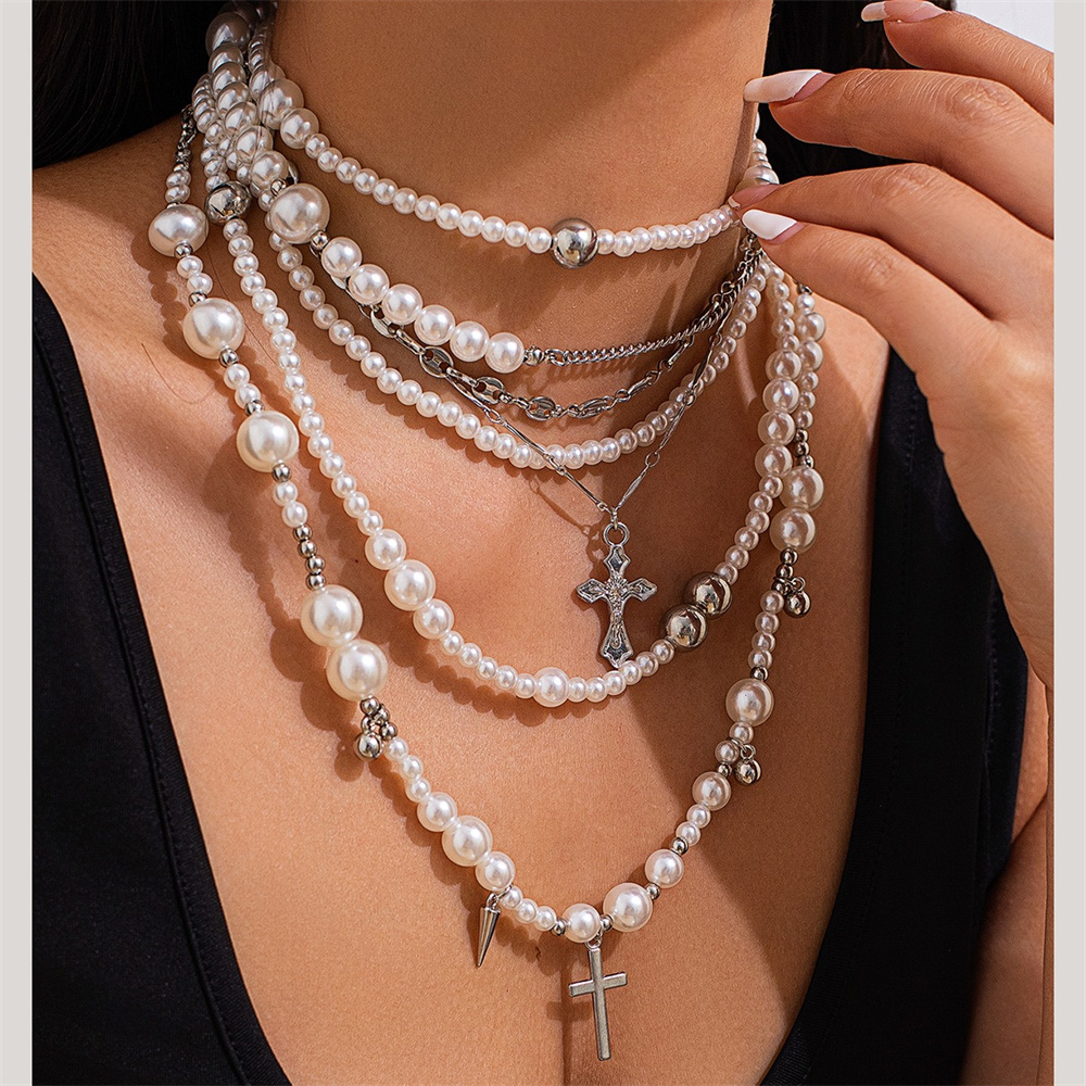 Layered Pendant Necklace Aesthetic - Kalung rantai manik-manik mutiara imitasi, Kalung