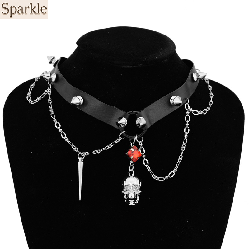 Goth Punk Spike Choker - Kalung Kulit Tengkorak Gelap, Kalung Punk