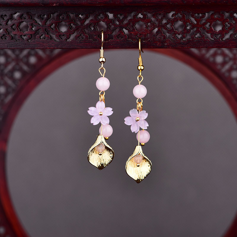 Earrings - Anting Bunga Giok Alami Merah Muda