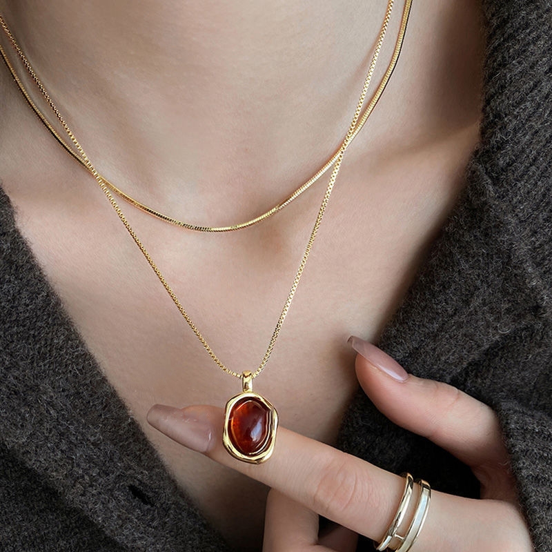 Layered Pendant Necklace Aesthetic - Kalung liontin batu alam lapisan ganda