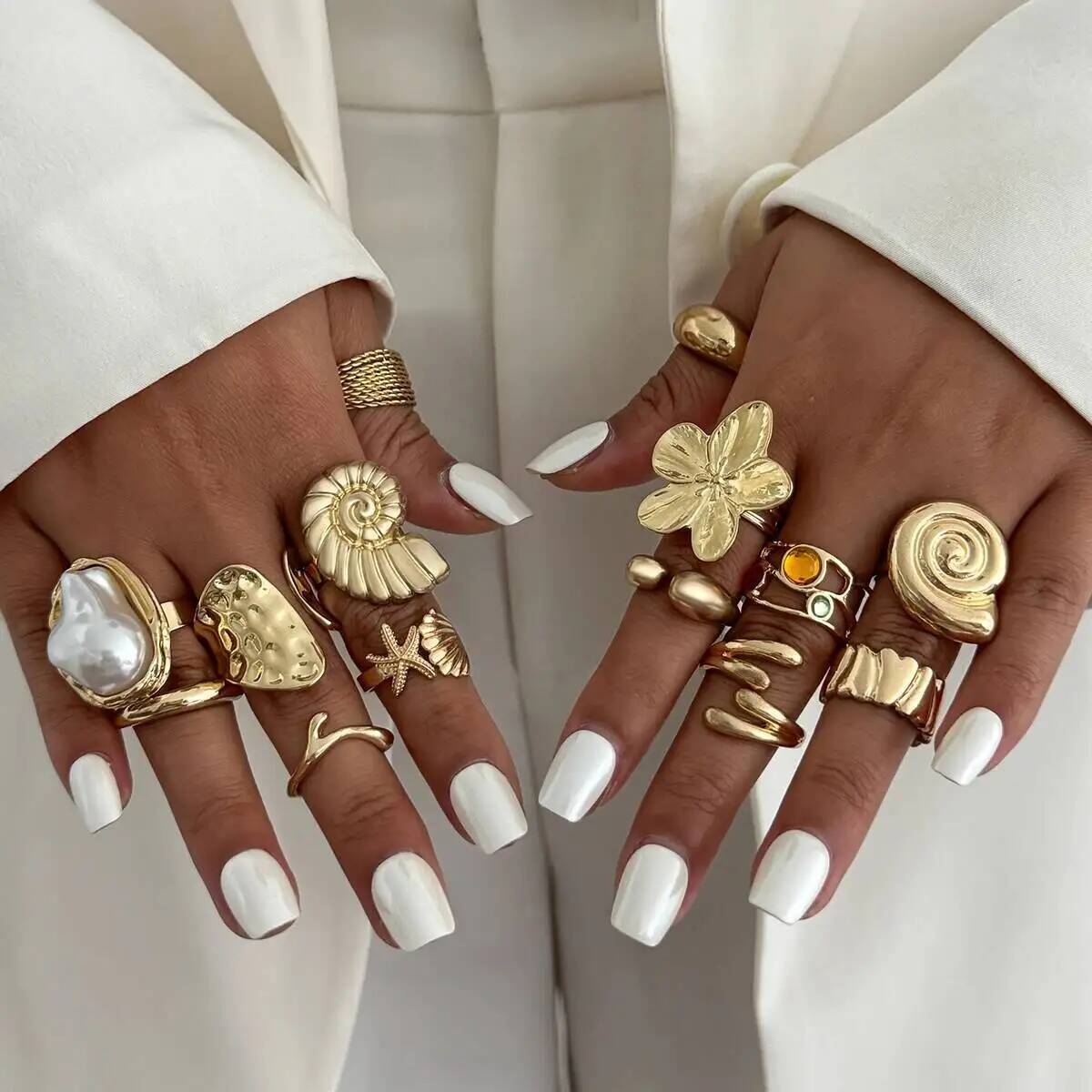 Vintage Punk Knuckle Rings Set - IngeSight.Z 14 Buah/Set Cincin Kerang Bunga